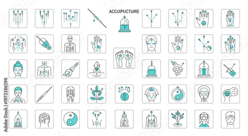 Acupuncture treatment icons set, representing traditional Chinese medicine practices.