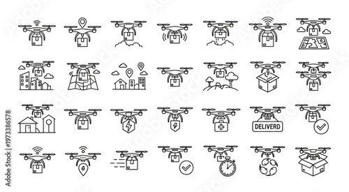 Collection of drone icons showcasing various applications and functionalities in modern technology.