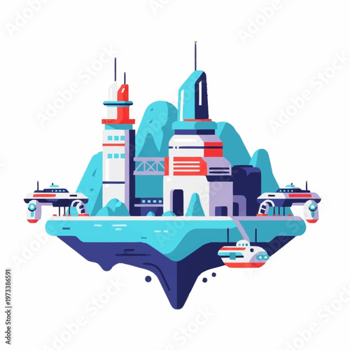 Futuristic floating island city with advanced architecture and flying vehicles.