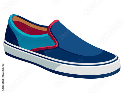 Navy slip on shoe displayed on white studio background