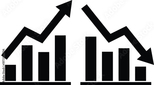 Title financial charts upward and downward trends representing market fluctuations description black and white line graphs with bar charts illustrate contrasting economic