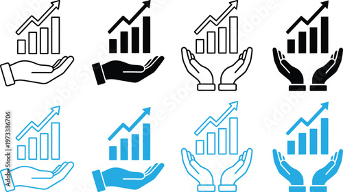 Growth and support hands holding rising charts in various styles