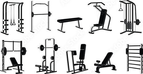 Set of gym equipment silhouettes including machines bench press weights isolated on white background fitness training bodybuilding workout concept