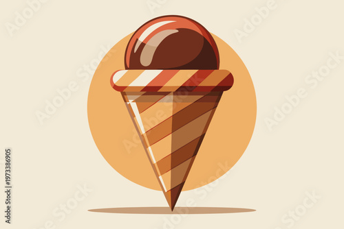Chocolate scoop on striped cone with orange backdrop