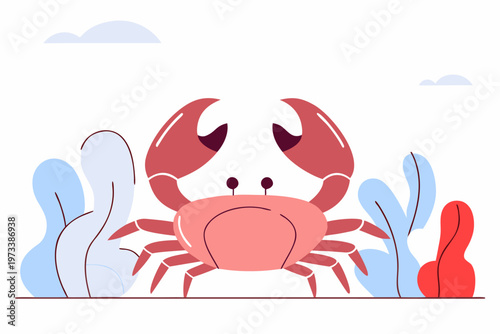 Crab standing among sea plants in coastal flat illustration