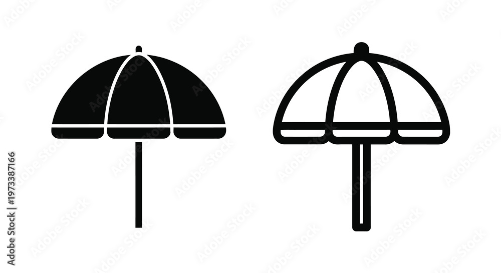Fototapeta premium Two beach umbrellas depicted in contrasting styles a solid and outline silhouette