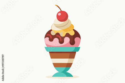 Layered ice cream sundae with cherry in retro glass cup