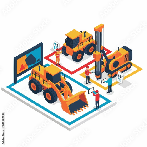 Isometric Construction Site with Heavy Machinery and Engineers.