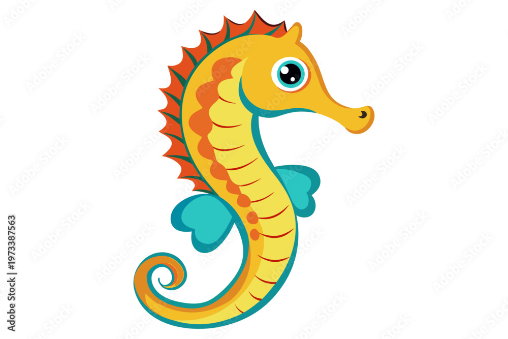 Fototapeta premium Colorful seahorse cartoon facing right on white background