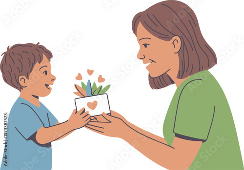 Young boy happily presents flower gift to smiling mother, expressing love and appreciation with thoughtful gesture.