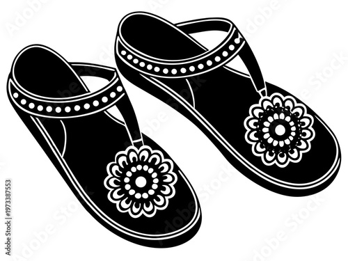 Pair decorative toe post sandals shown as black silhouette on white background