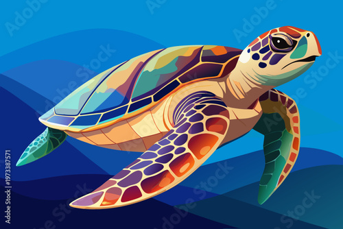 Colorful sea turtle swimming over abstract blue background