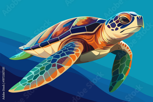 Sea turtle swimming toward right over blue layered background