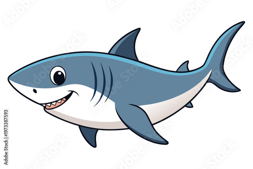 Cartoon shark smiling and swimming in plain white background