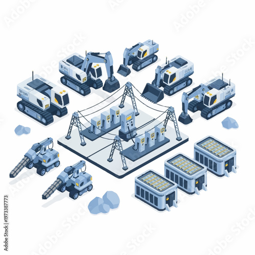 Isometric Cryptocurrency Mining Farm with Heavy Machinery and Equipment.