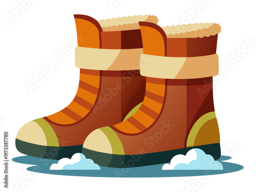 Pair of brown winter boots standing on snowy ground illustration