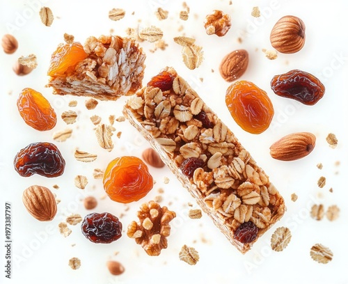two oat and nut granola bars with raisins, dried apricots, almonds and walnuts floating over a bright white background, fresh and appetizing