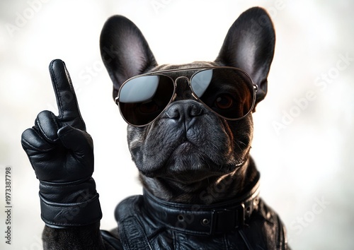 confident french bulldog in aviator sunglasses and black leather jacket wearing a leather glove and pointing upward with its paw, cool and assertive expression
