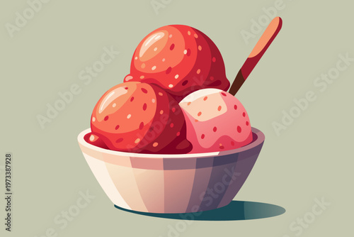 Three scoops of strawberry ice cream in ceramic bowl