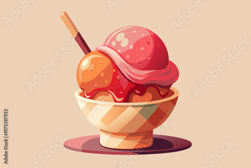 Two scoops of strawberry and orange ice cream in bowl