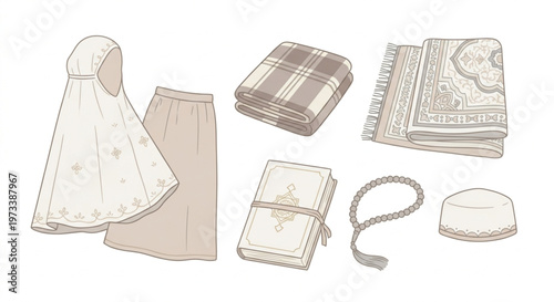 Islamic Prayer Equipment Set Vector Illustration, Mukena, Sarong, Sajadah, Prayer Beads, and Quran in Pastel Muted Colors Isolated on White Background
