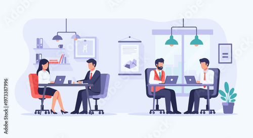 Colleagues collaborating in a modern office environment, using laptops and discussing work