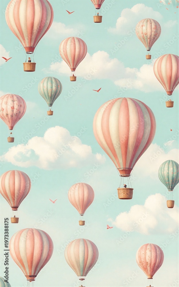 Fototapeta premium Pastel hot air balloons float among fluffy clouds and birds in a