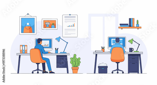 Two individuals work at desks with computers and office supplies in a minimalist room