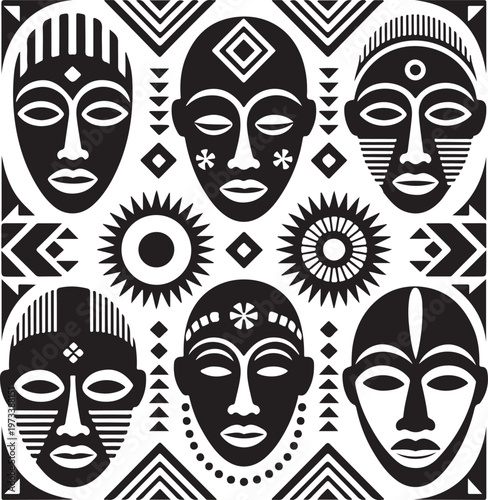 Collection of African tribal masks and geometric patterns in  white background