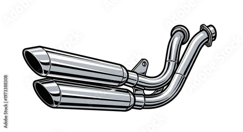 Motorcycle Exhaust System - Polished Metal Pipes and Dual Mufflers.