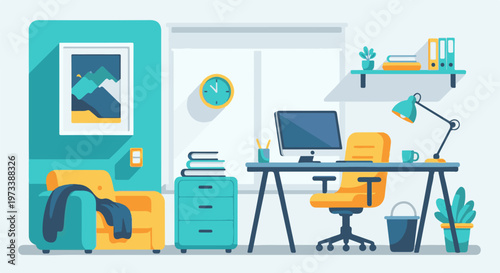 A cozy, modern home office with a desk, computer, chair, and armchair