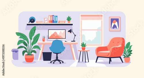 Cozy home office setup with a desk, computer, chair, plants, and armchair