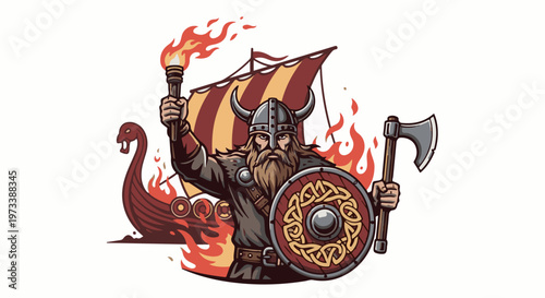 Fierce Viking warrior with torch and axe stands before a flaming longship