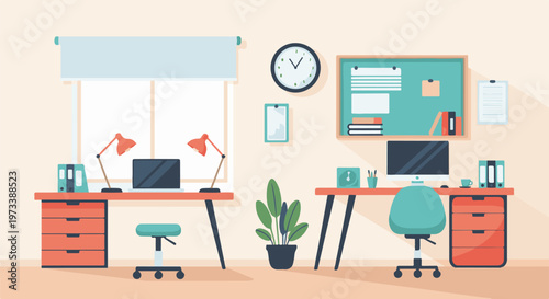 Two home office desks with computers, lamps, and chairs in a bright room