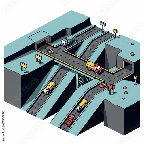Isometric illustration of a complex highway interchange with multiple levels and vehicles.