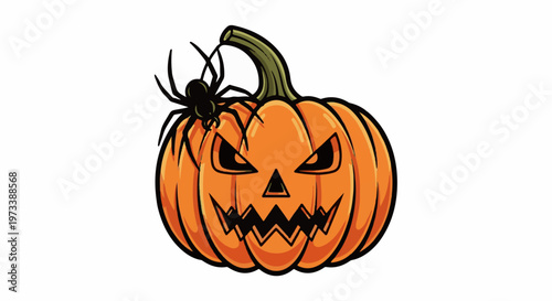 Spooky pumpkin with menacing carved face and creepy spider crawling on its stem