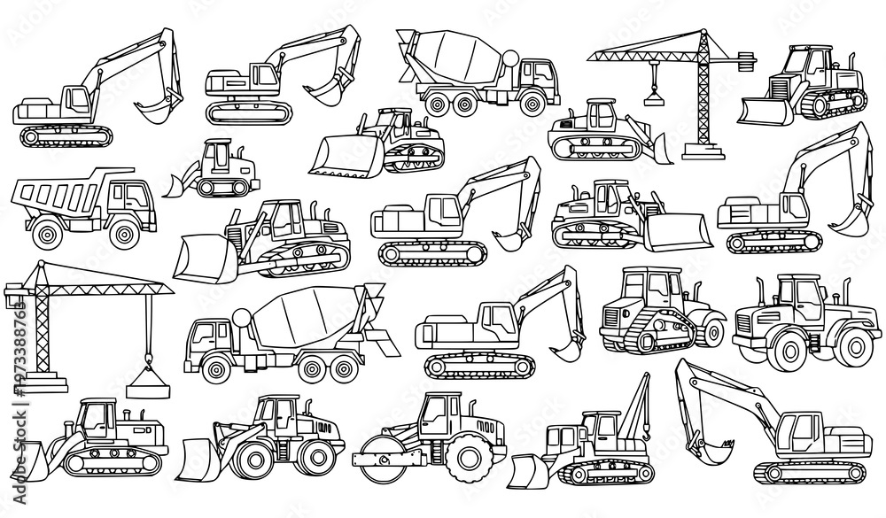Naklejka premium Construction Machinery Outline Icon Set Excavator Bulldozer Dump Truck Vector