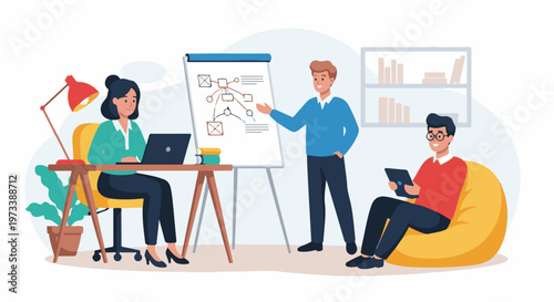 Business team collaborating on a project with a whiteboard presentation