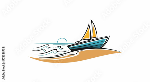 Stylized sailboat on a beach with waves and a sunset