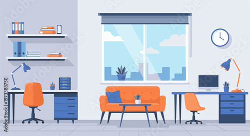 A modern home office with two desks, chairs, a sofa, and a window overlooking a city