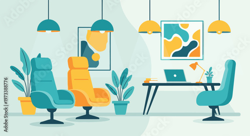 Modern office interior with comfortable chairs, a desk with a laptop, plants, and art