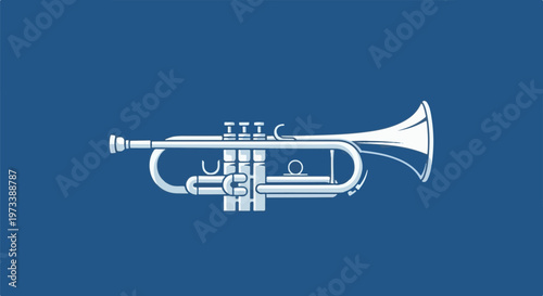 A white line-art illustration of a trumpet on a blue background
