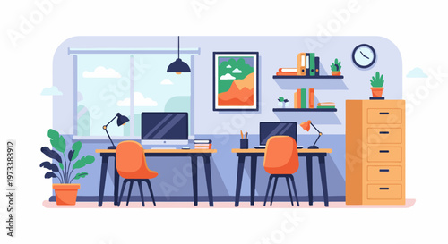 Modern office workspace with two desks, chairs, computers, and a filing cabinet