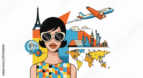 Stylized woman in sunglasses with travel icons Eiffel Tower, landmarks, map, plane