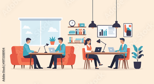 Diverse professionals collaborate and work on laptops in a bright, modern office space