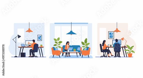Trio of individuals in modern office spaces, working diligently on computers