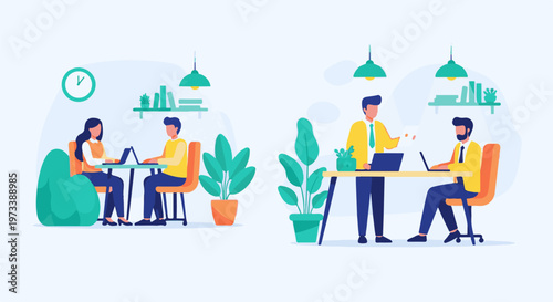 Two pairs of people working and collaborating at desks in a bright, modern office setting with plants