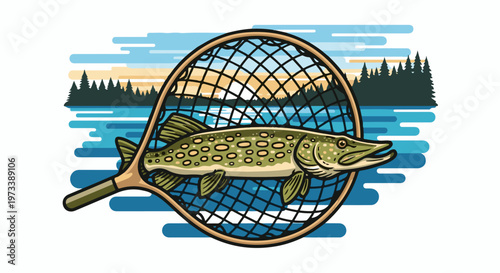 A stylized illustration of a pike fish caught in a fishing net with a lake and forest backdrop