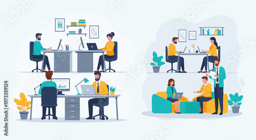 Diverse individuals collaborate and work remotely in stylish, modern office spaces and casual settings