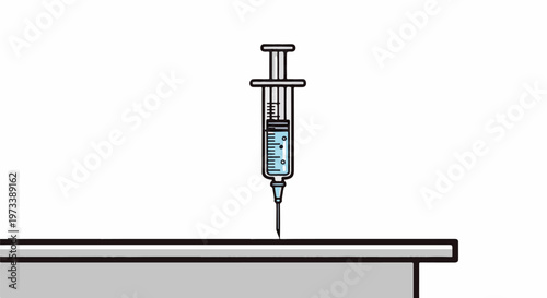 A medical syringe filled with clear liquid and a sharp needle poised above a surface